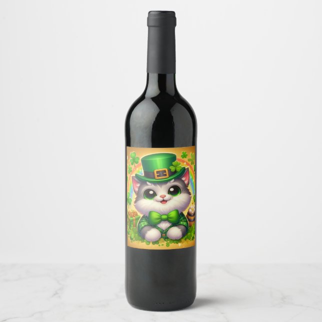 Cute cat/kitten Saint Patrick's Day  Wine Label (Front)