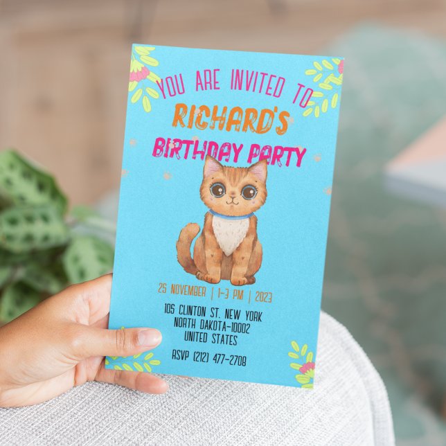 Cute Cat Kitten Themed Kid's Birthday Party Invita Invitation (Creator Uploaded)