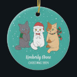 Cute Cat Kittens Christmas Snowy Winter Holiday Ceramic Tree Decoration<br><div class="desc">Cute cartoon animal ornament for kids and children. Perfect for first Christmas celebration with family. You can customise the text for any occasion.</div>