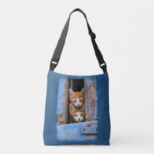 Cute Cat Kittens in Vintage Blue Window Photo - Crossbody Bag