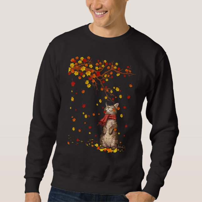 Cute Cat Kitty Autumn Fall Leaves Cat Men Women Sweatshirt (Front)
