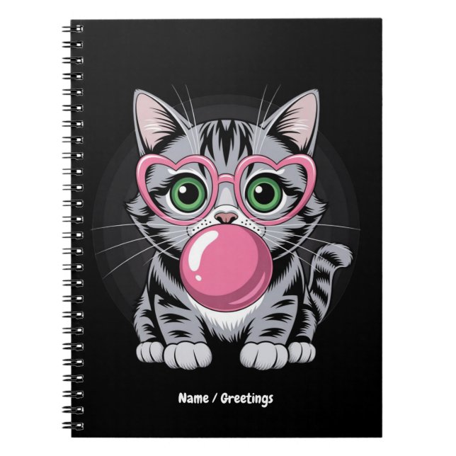 Cute Cat Kitty Eating Gum and Making Bubble Funny Notebook (Front)