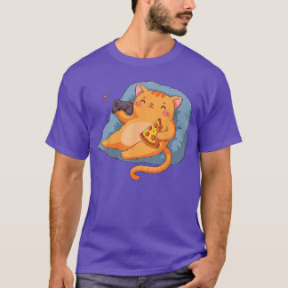 Cute Cat Kitty Gamer Pizza Joke Video Game Control T-Shirt