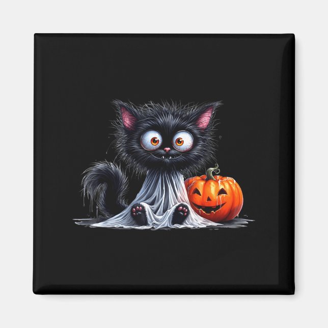 Cute Cat Kitty Ghost Halloween Black Pumpkin Magnet (Front)