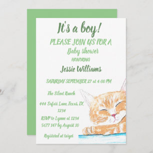 Cute Cat Kitty Kitten animal Baby Boy Green Invitation