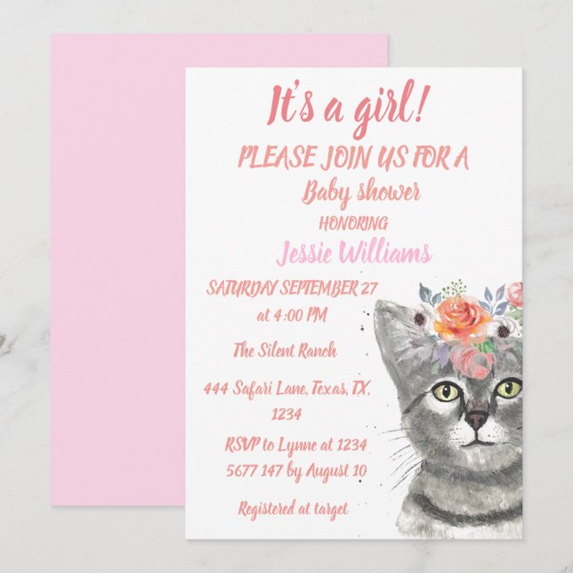 Cute Cat Kitty Kitten Pink Floral Baby Girl Boho I Invitation (Front/Back)