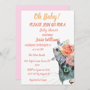Cute Cat Kitty Kitten Pink Floral Baby Girl Boho Invitation