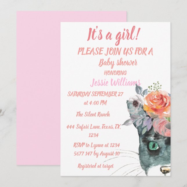 Cute Cat Kitty Kitten Pink Floral Baby Girl Boho Invitation (Front/Back)