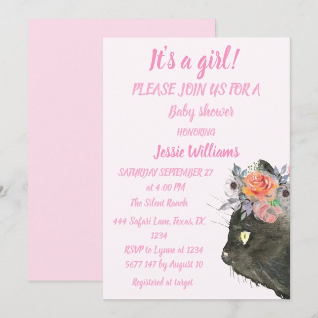 Cute Cat Kitty Kitten Pink Girl Baby Shower Invita Invitation (Front/Back)