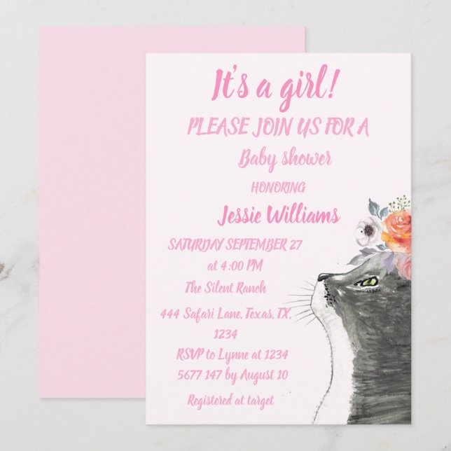 Cute Cat Kitty Kitten Pink Girl Baby Shower Invitation (Front/Back)