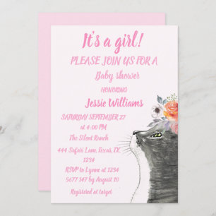 Cute Cat Kitty Kitten Pink Girl Baby Shower Invitation