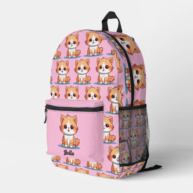 Cute Cat Kitty Pattern Custom Name Printed Backpack (Back Corner Right)