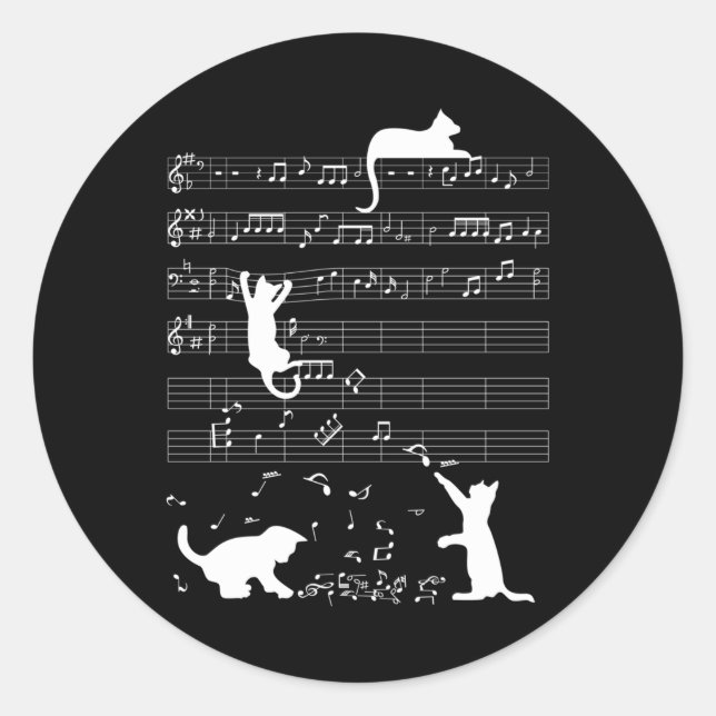Cute Cat Kitty Playing Music Note Clef Musician Ar Classic Round Sticker (Front)