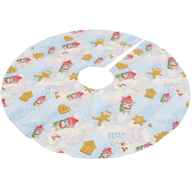 Cute Cat kitty Santa Gingerbread Xmas tree Pattern Brushed Polyester Tree Skirt (Angled)