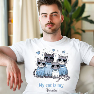 Cute Cat Kitty Valentine Blue Men's Custom Name T-Shirt