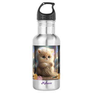 Cute Cat Knitting with Yarn Personalised Name 532 Ml Water Bottle