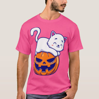 Cute Cat Laying On Pumpkin Halloween Cartoon T-Shirt
