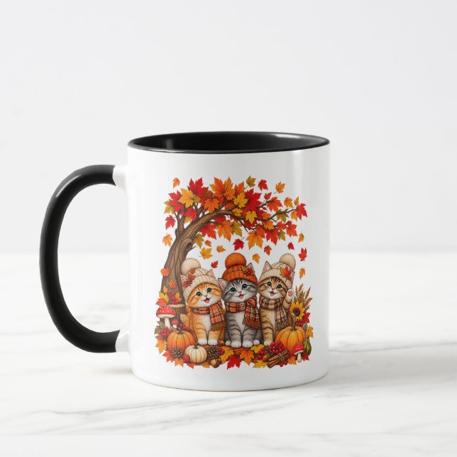 Cute Cat Leaf Fall Tree Hello Autumn Mug (Left)