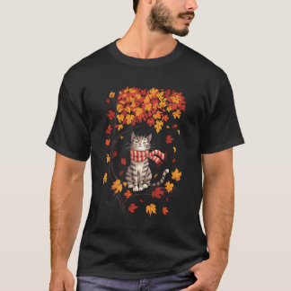 Cute Cat Leaf Fall Tree Hello Autumn Thanksgiving T-Shirt