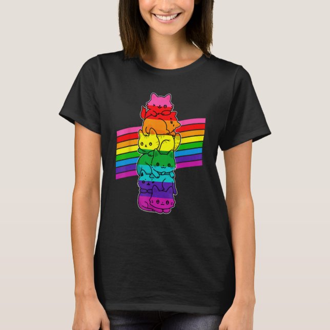 Cute Cat  LGBT Pride Flag Support LGBTQ Rainbow T-Shirt (Front)