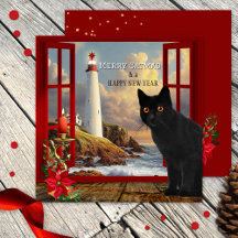 Cute Cat Lighthouse Christmas Card