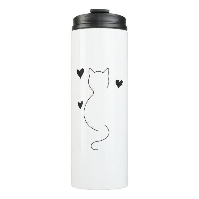 Cute cat line drawing, with three hearts thermal tumbler (Front)