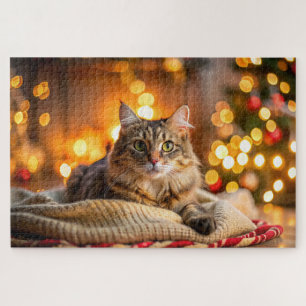 Cute cat lounging on a cosy Christmas blanket Jigsaw Puzzle