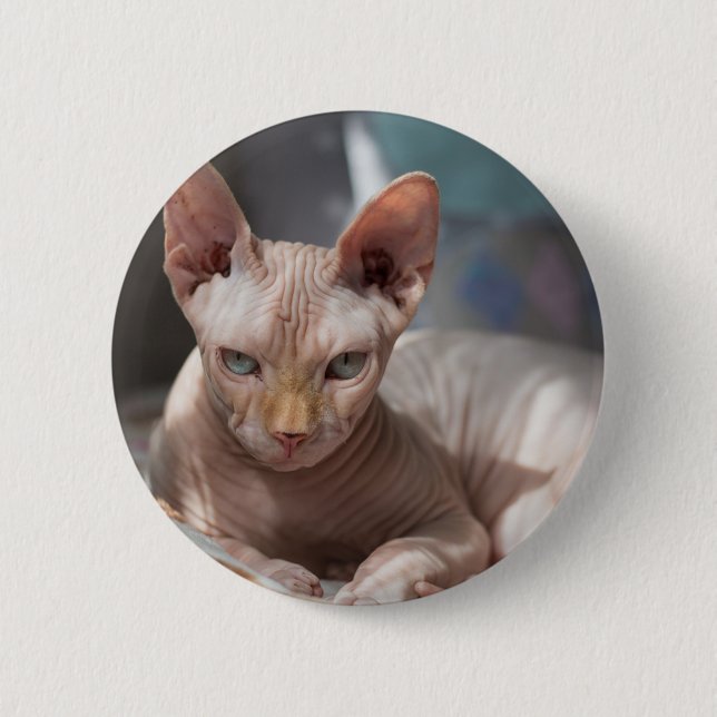 Cute Cat Lounging with no Fur 6 Cm Round Badge (Front)