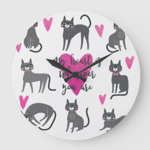 Cute cat: love lettering illustration. large clock