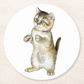 Cute Cat Lover Funny Kitten Watercolor Grey Tabby Round Paper Coaster