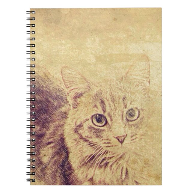 Cute cat lover pencil sketch grey tabby cat spiral notebook (Front)