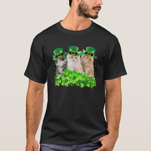 Cute Cat Lover Shamrock St Patricks Day Meowy Iris T-Shirt (Front)