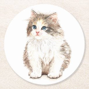 Cute Cat Lover Watercolor Kitten Kitty Mum Feline  Round Paper Coaster