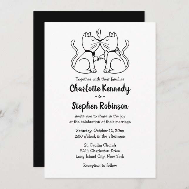 Cute Cat Lover Wedding Black White Modern Kittens Invitation (Front/Back)
