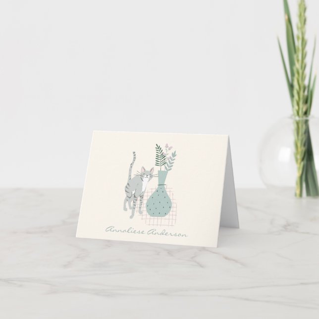 Cute Cat Lovers Illustration Personalised Pastel Note Card (Front)