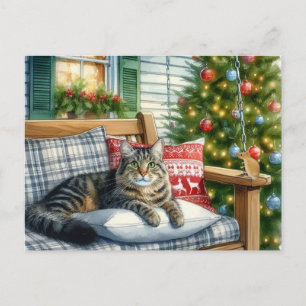 Cute  Cat Lying by Christmas Tree Holiday Postcard