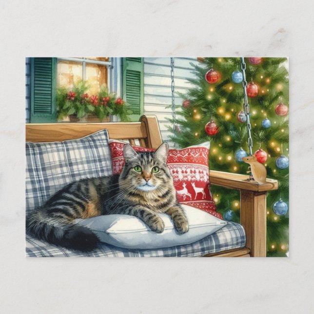 Cute  Cat Lying by Christmas Tree Holiday Postcard (Front)
