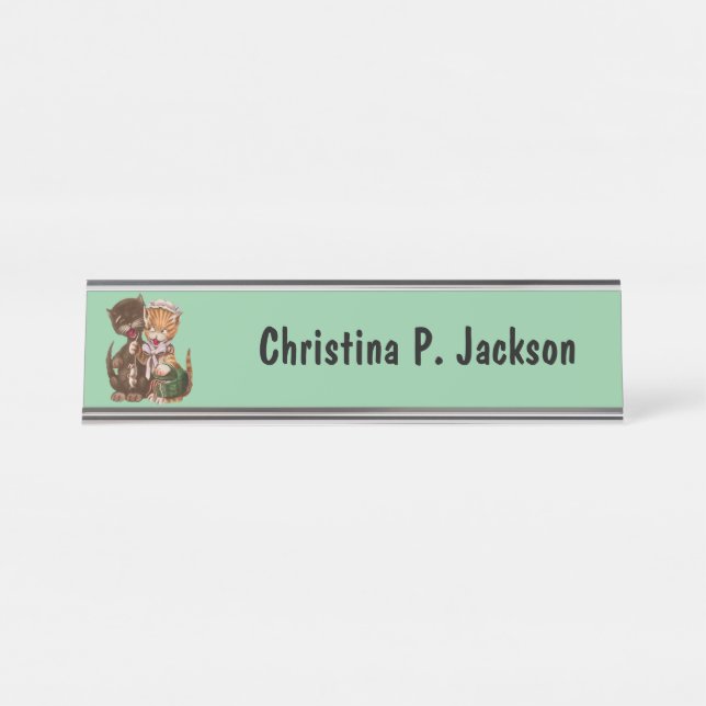Cute Cat Male and Female sharing Rats Mint Green Desk Name Plate (Front)