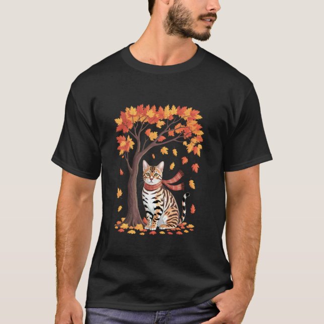 Cute Cat Maple Tree Fall Autumn Thanksgiving T-Shirt (Front)
