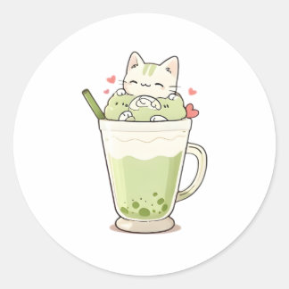 Cute Cat Matcha Boba Drink Kawaii Design Classic Round Sticker