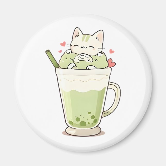 Cute Cat Matcha Boba Drink Kawaii Design Magnet (Front)