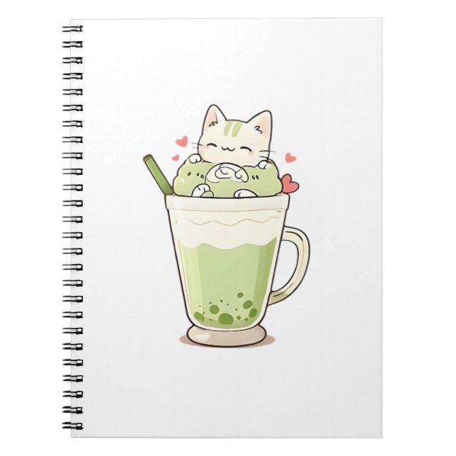 Cute Cat Matcha Boba Drink Kawaii Design Notebook (Front)