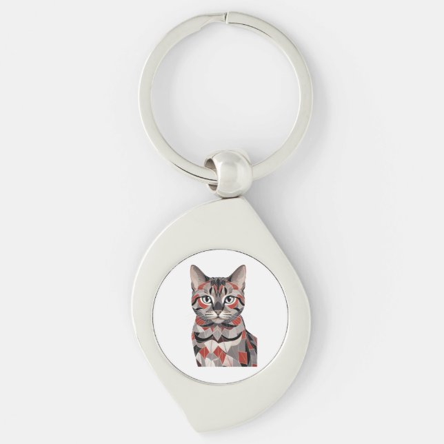 Cute Cat Meow-Geometric Feline Elegance Key Ring (Front)
