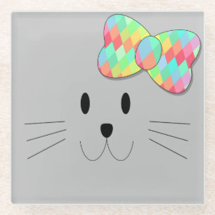 Cute Cat Meow Rainbow Bow Grey Glitter Kitty Kids  Glass Coaster