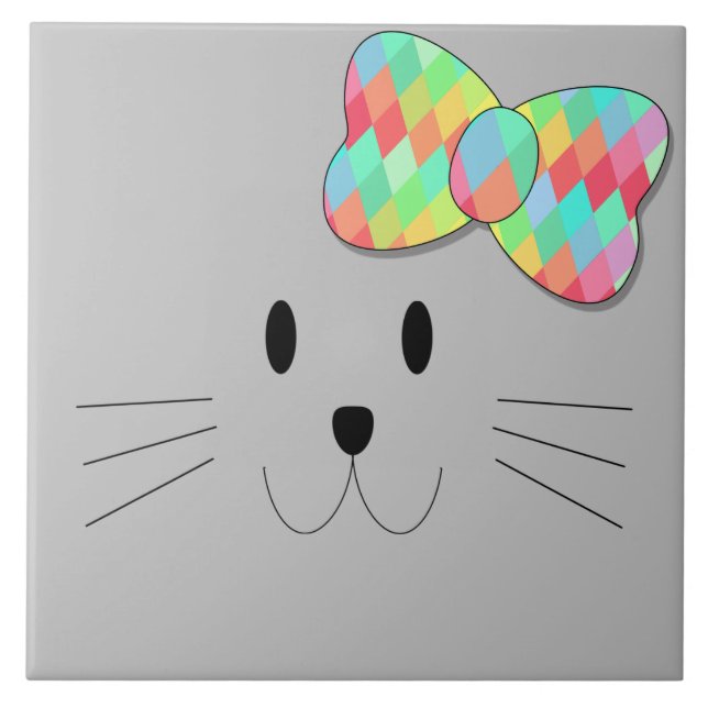 Cute Cat Meow Rainbow Bow Grey Glitter Kitty Kids  Tile (Front)