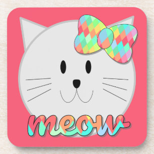 Cute Cat Meow Rainbow Bow Pink Glitter Kitty Kids Coaster