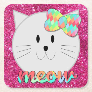 Cute Cat Meow Rainbow Bow Pink Glitter Kitty Kids Square Paper Coaster