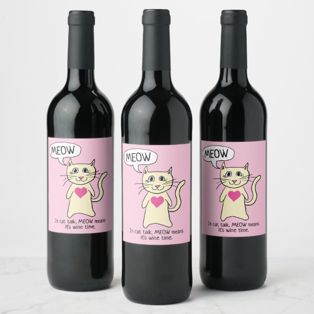 Cute Cat Meow Time for Wine Label (Bottles)
