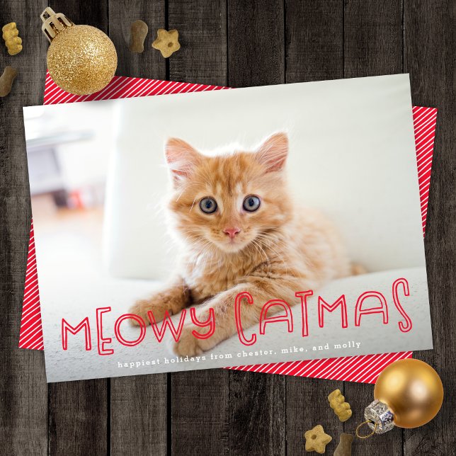 Cute Cat Meowy Catmas Modern Christmas One Photo Holiday Card (Creator Uploaded)