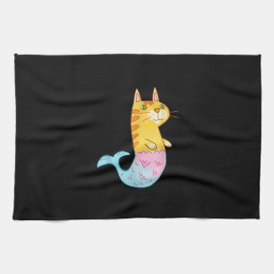 Cute Cat Mermaid Fish Swimming In  Sea Gift Tea Towel
